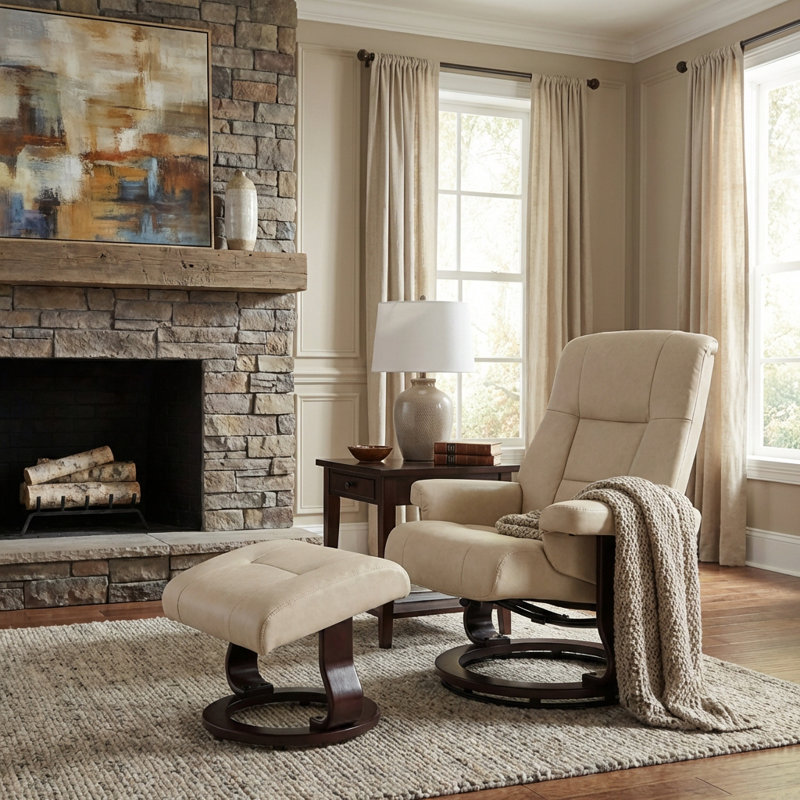 PU Swivel Recliner with Ottoman,Adjustable Reclining Chair with Solid Wood Base, for Office, Living, Beige