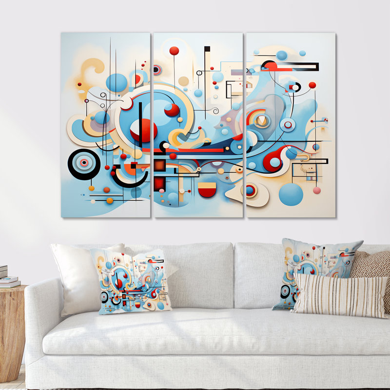 Mid-Century Symphony Blue Jazz I - ensemble de décoration murale géométrique, H 28 po x l 36 po x P 1 po, Toile tendue