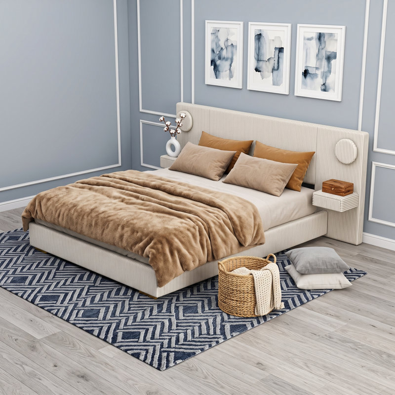 Lit plateforme tapissier avec tête de lit, lumières circulaires à DEL et ports de charge USB, Beige, Queen