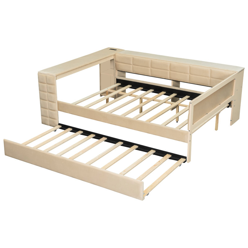 Lit double tapissier beige avec rangement intégré et charge, lit gigogne pour les invités occasionnels, plateforme de chargement, lit gigogne confortable