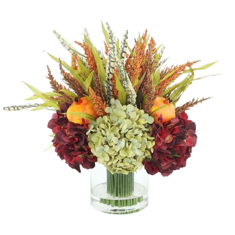 Fall Arrangement with Hydrangeas and Thistle, Green/Burgundy/Orange