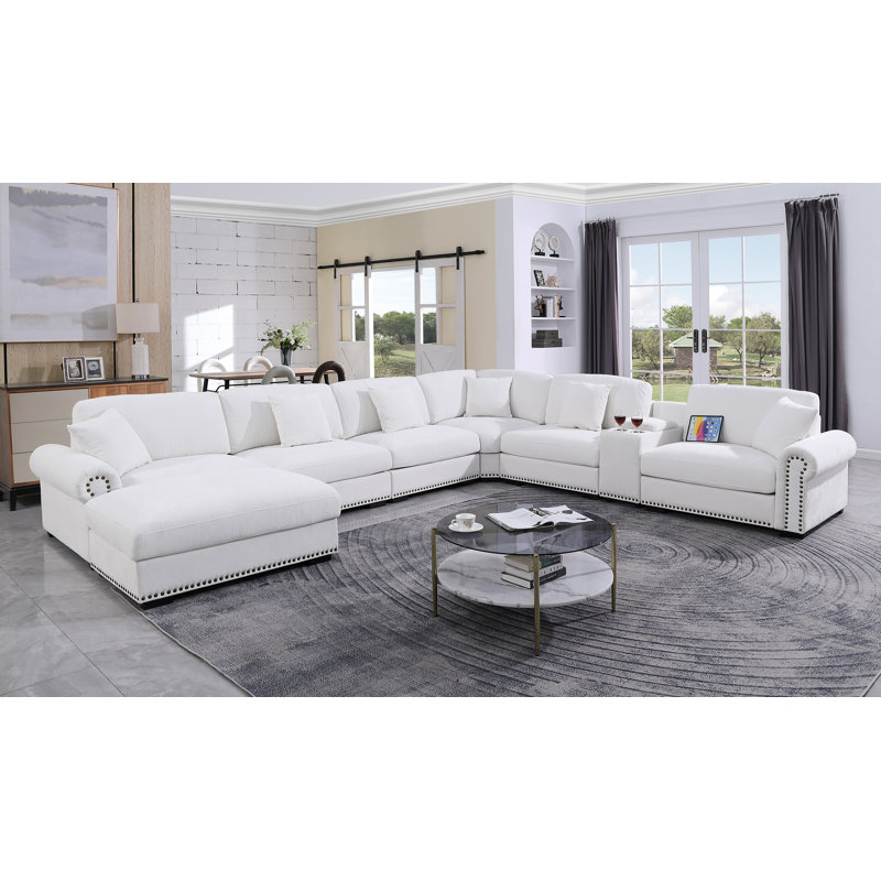 Stimpson 7-Seater Modular Sectional with Cup Holders, White Chenille