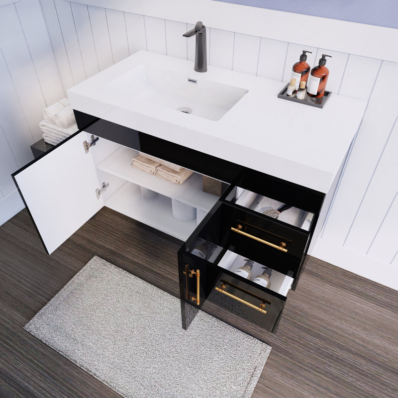 Ensemble de meuble-lavabo mural simple 42 po Lynard Spring, Noir lustré