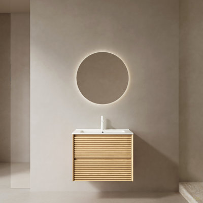 Meuble-lavabo de salle de bain avec lavabo, armoire de rangement murale en contreplaqué flottant avec tiroirs, lavabo en céramique, pré-assemblé