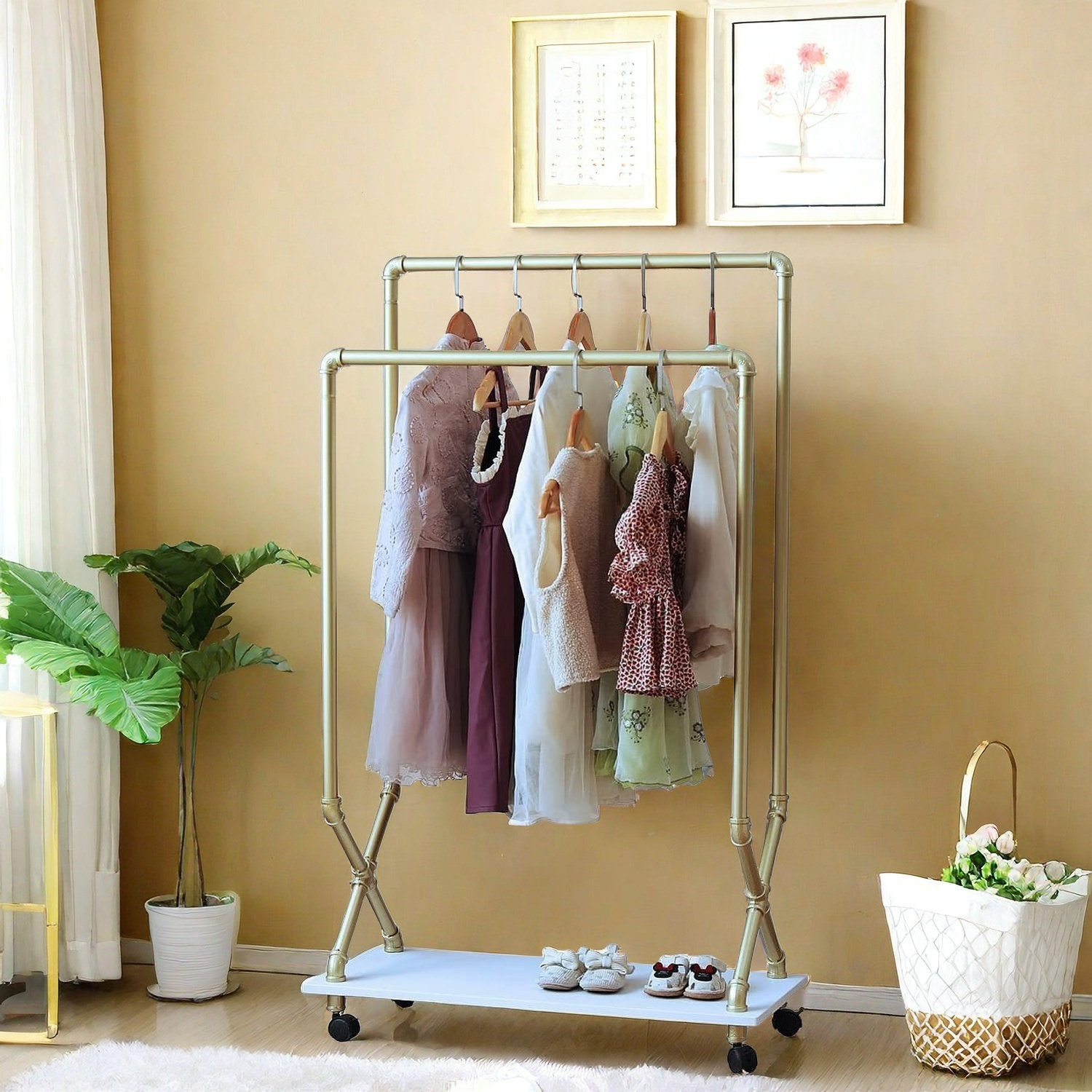 YGJT Kids Clothing Rack With Wheels & Storage Shelf - 45.3 Inch Height, White Toddler Wardrobe For Hanging Clothes, Toys, Shoes