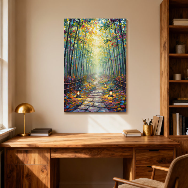 Paysage et nature, chemin en bambou coloré avec lanternes et fleurs