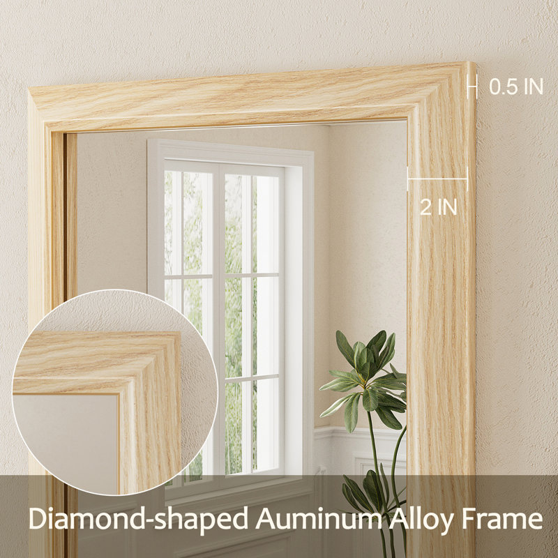 Amara Tempered Glass and Aluminum Alloy Framed French Cleat Mounted Wall Mirror, 55" x 36", Light Yellow Wood