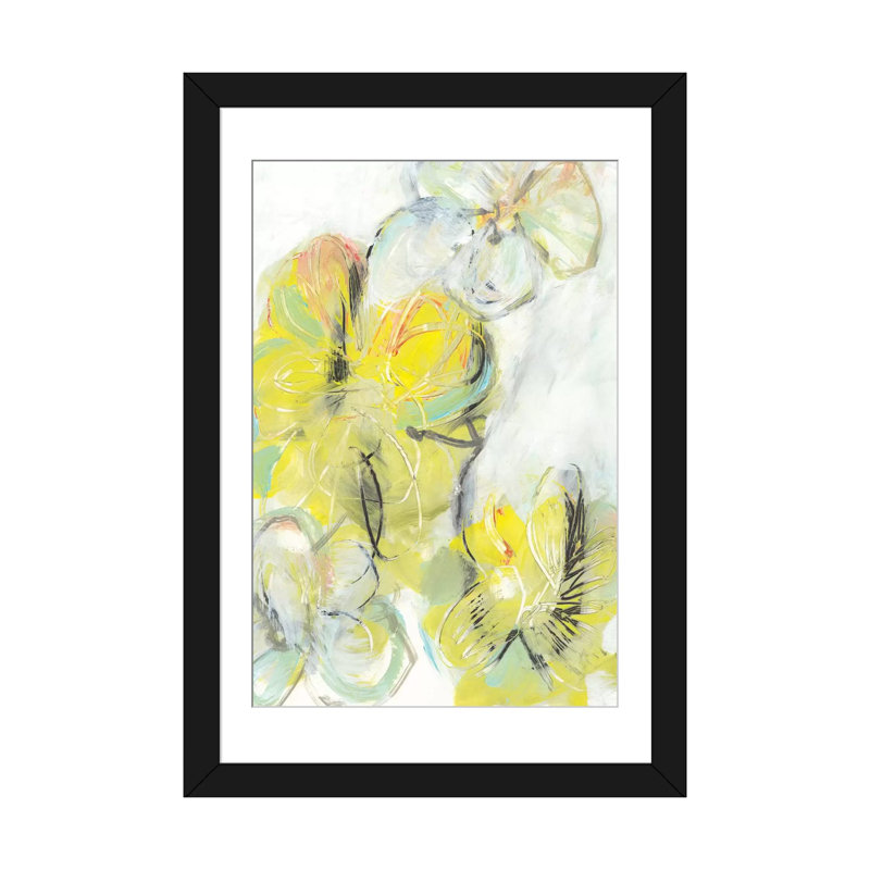 « yellow floral abstract ii », impression sur toile, H 24 po x l 16 po x P 1 po, Papier beaux-arts encadré noir, Blanc