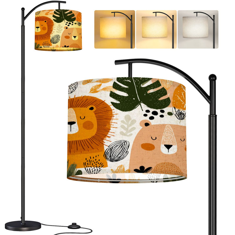  Arc Floor Lamp Seamless Jungle animals Hand drawn For kids Tall Modern Standing Lamp LED Adjustable Linen Lampshade 3 Color Temperatures