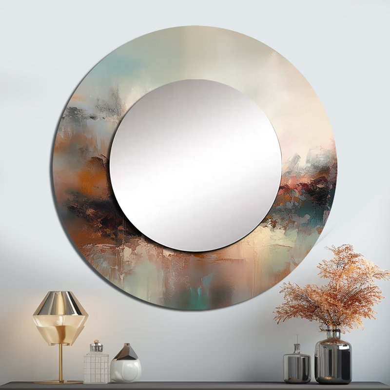 Prasun brun abstrait nature I - paysage décoratif miroir, miroir mural rond beige, impression d'art en métal, 29 po x 29 po