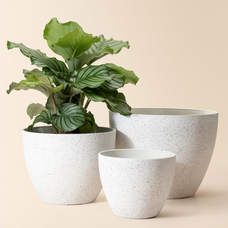 Ensemble de 3 pots à fleurs en plastique pour plantes d'extérieur Nova, Blanc moucheté