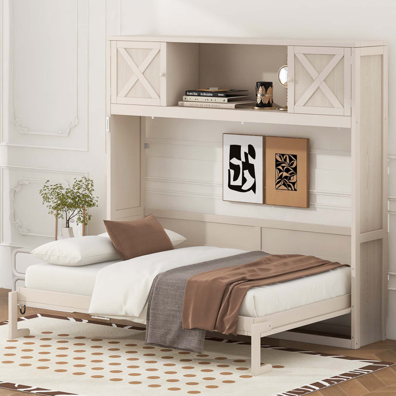 Grand lit escamotable avec armoires de rangement, Beige