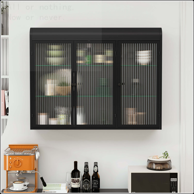 3-Door Arched Wall Mounted Glass Cabinet, Black