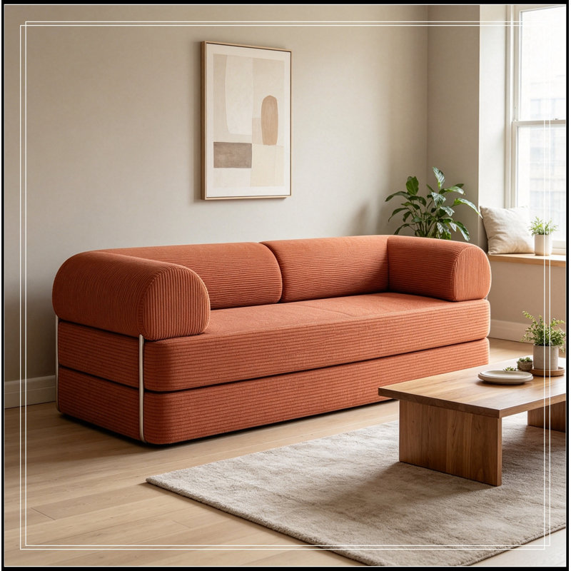 Canapé deux places en velours côtelé avec coussin moelleux, Brun rustique