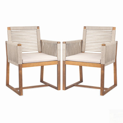 Ensemble de 2 chaises de salle à manger d'extérieur en bois d'acacia avec corde et coussins lavables pour la terrasse, le jardin et la piscine