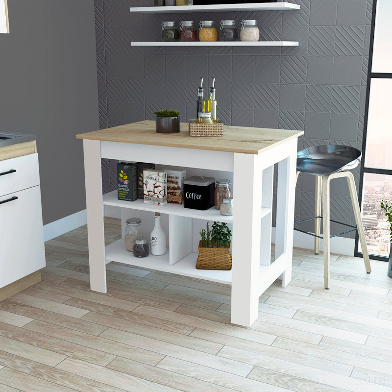 Îlot de cuisine, trois tablettes, H 35,4 po x l 27,5 po x P 40,5 po, Blanc, bois