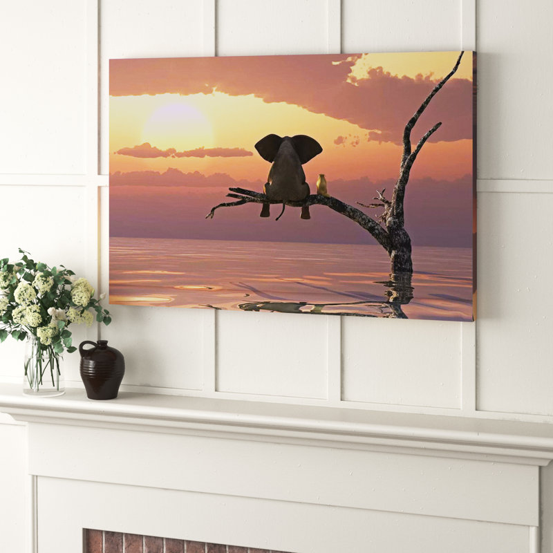 Elephant And Dog Sit On A Tree During A Flood by Mike Kiev - Print on Canvas, Wrapped Canvas