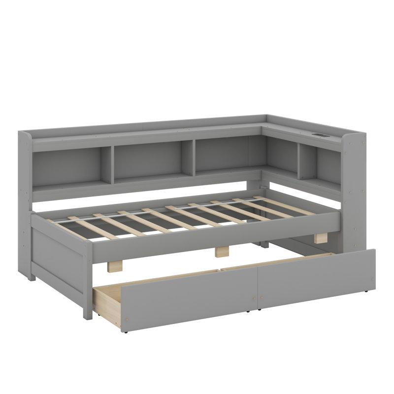 Lit en forme de L avec bibliothèques avec prises de courant, ports de chargement USB, tiroirs, Gris