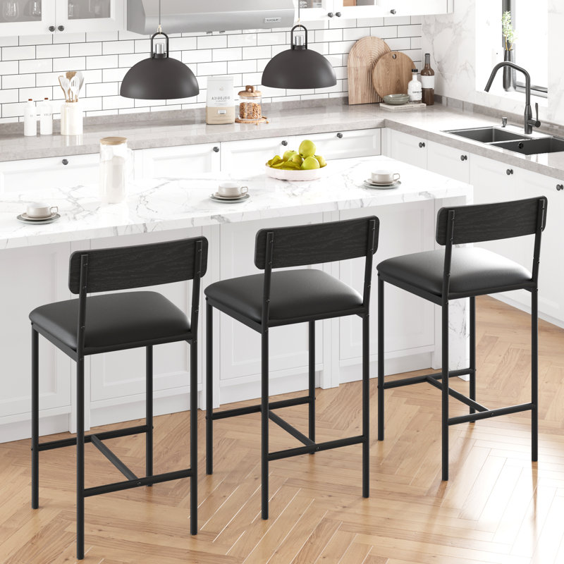 2pcs Bar Stools Kitchen Bar Stools With Footrest, 25.5 In Upholstered Bar Chairs Counter Barstools Black, Black