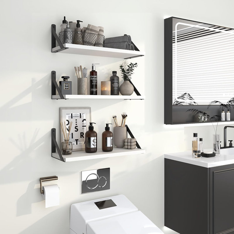 Floating Shelves Set Of 3,  Wall Mounted Shelves For Bathroom Bedroom Kitchen, Rustic Wood Hanging Shelves With Heavy Duty Brackets, Space Saving Storage Solution