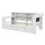 Lit plateforme contemporain avec tablettes de rangement intégrées, tiroirs, station de charge, DEL, bureau et tête de lit tapissier-129108538
