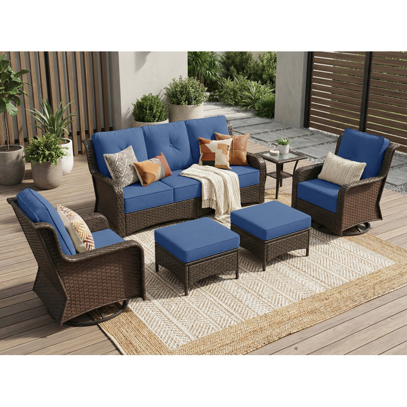 6 Pieces Outdoor Wicker Swivel Chair Set With Cushions, Coffee Table, Ottomans, Blue