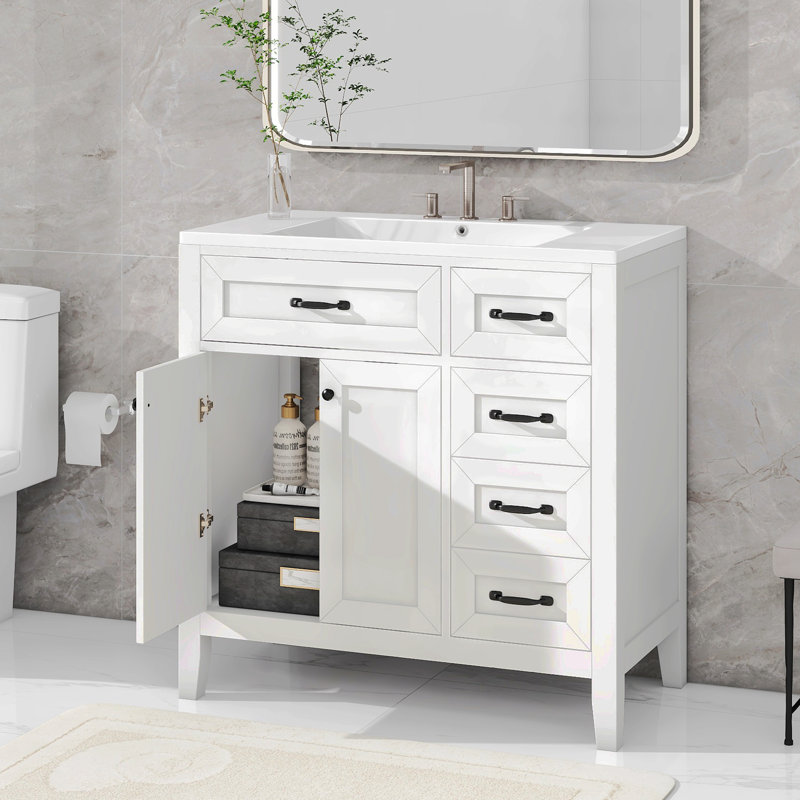 35.98'' Single Bathroom Vanity with Solid + Manufactured Wood Top, White