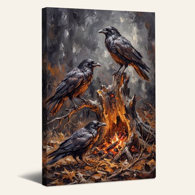 Trois corbeaux perchés sur une souche brûlante, art mural d'Halloween