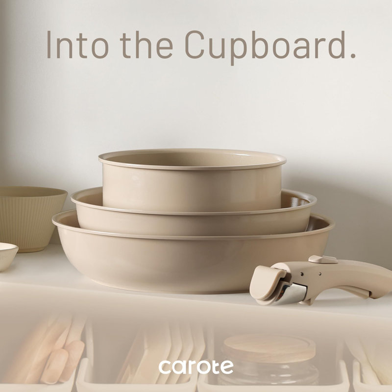 CAROTE 15-Piece Ceramic Cookware Set with Detachable Handle, Taupe
