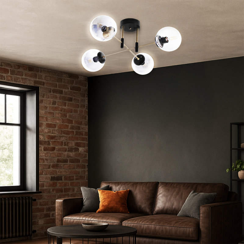 4 Lights Metal Body Linear Globe Semi-Flush Mount, Black, Fume