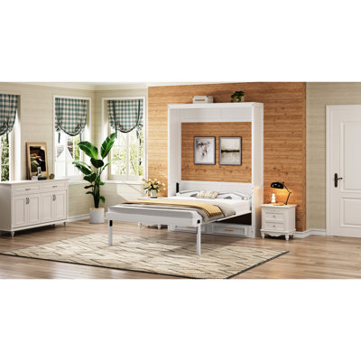 Lit double beige avec 2 tiroirs, bois de pin de haute qualité et conception pliante peu encombrante pour un coin bureau robuste, petite chambre