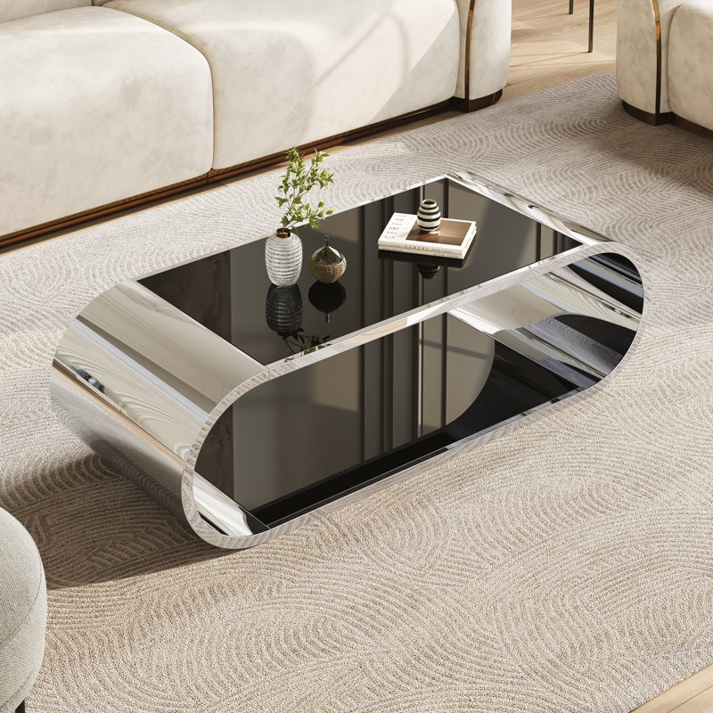Table basse moderne en acier inoxydable et en verre avec design à 2 niveaux pour un salon spacieux et élégant, Black+Silver