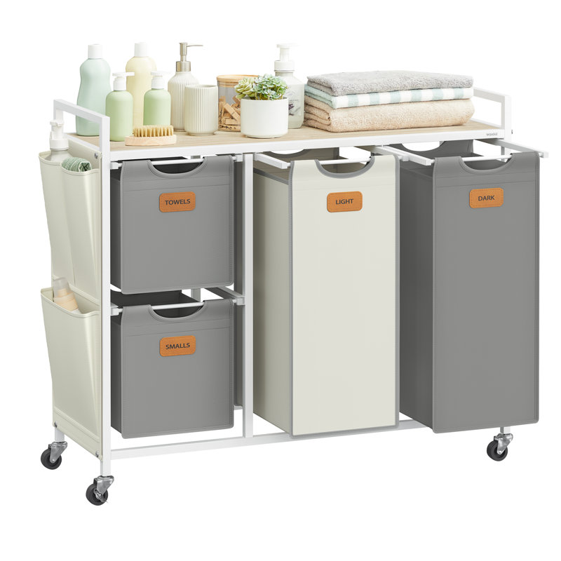 Metal Rolling Laundry Basket with Handles, Beige