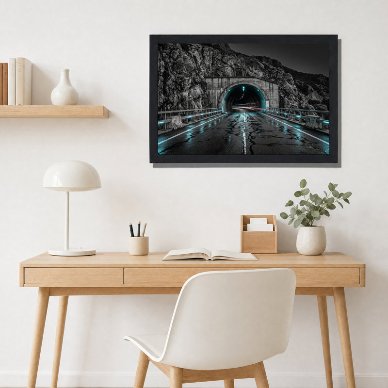 Entrée de tunnel creusée dans la roche avec lumières cyan - Tableau sur toile, 20"H x 30"W