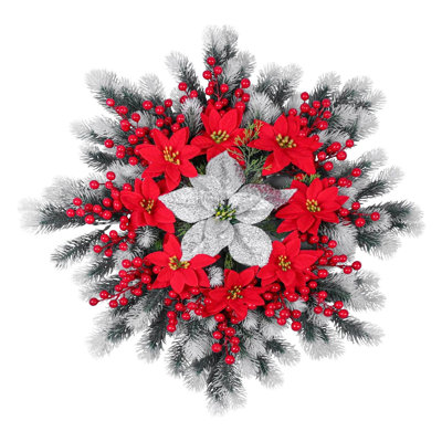 Couronne de Noël artificielle de poinsettias, couronne de pin floqué de 60 cm avec poinsettias rouges et argentés et baies rouges, idéale pour la porte d'entrée, le foyer et la décoration intérieure des fêtes.