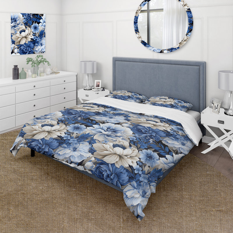 Blue Renaissance Florals Victorian Pattern II - Ensemble de housse de couette à motif floral