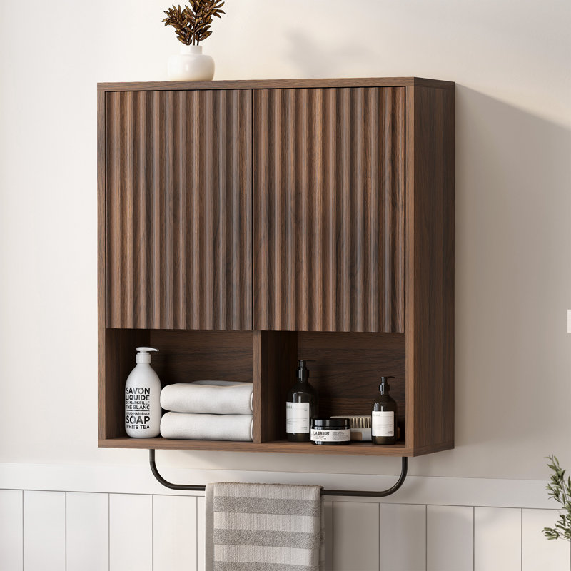 Fluted Bathroom Wall Cabinet，Sliding Barn Door Storage Cabinet - Adjustable Shelf Storage for Bathroom & Kitchen - Brown