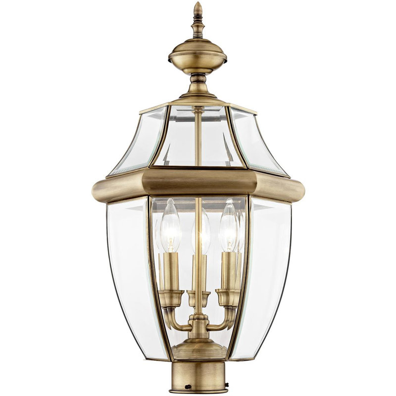 3-Light White Outdoor Post Lantern Pendant: Clear Glass Shade, Antique Brass