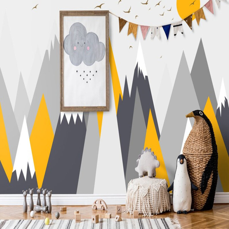 Sommets géométriques au lever du soleil - motif de montagne jaune nordique, L 108 po x l 96 po