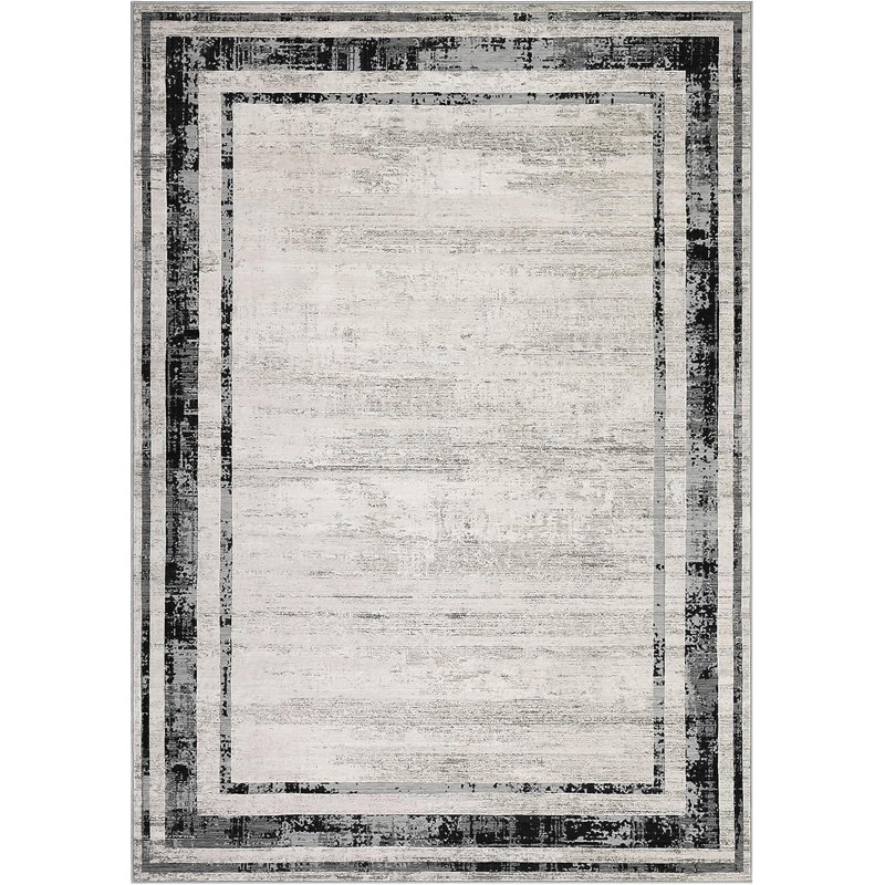Washable Modern Distressed Edge Thin Indoor Rug, Low Pile Area Rug with Stain Resistant Surface, Non Slip Backing & Easy Clean for Living Room, Bedroom, Home Office, Entryway