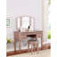 Meuble-lavabo de chambre en or rose avec miroir pliable, cinq tiroirs de rangement et un tabouret rond rembourré, combinaison en bois massif doré contemporain, structure en placage de bouleau