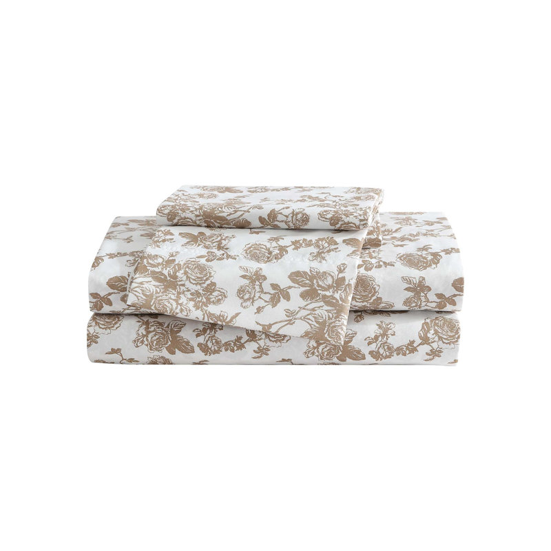 Betsey Johnson Printed Novelty Sheet Sets, Queen Sheet Set with 2 Standard Pillowcases, Garden Toile Brown