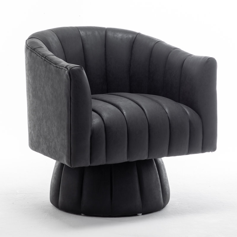 Faux Leather Swivel Barrel Chair, Black Faux Leather, 2