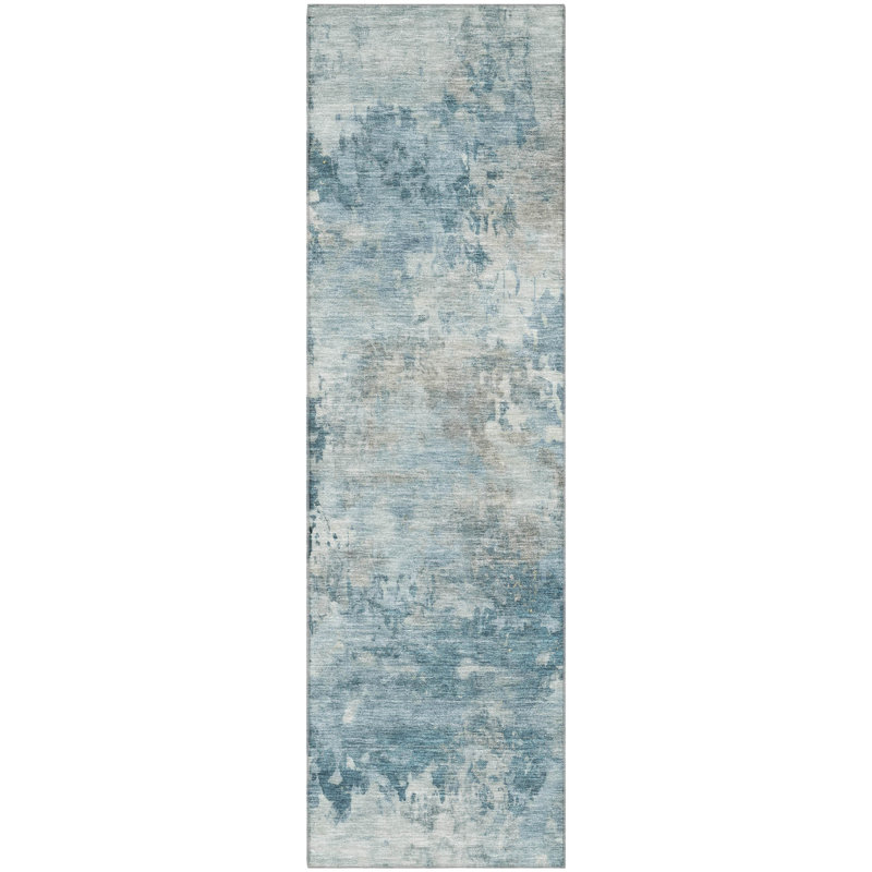 Tapis abstrait lavable à la machine de qualité supérieure Mayfield AMF2073, Tapis de couloir 2 pi 3 po x 7 pi 6 po, Sarcelle