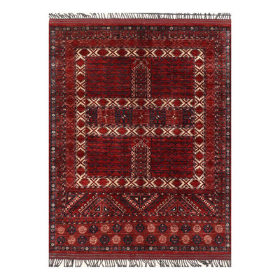 Tapis rouge / beige / bleu marine noué à la main de haute qualité et unique