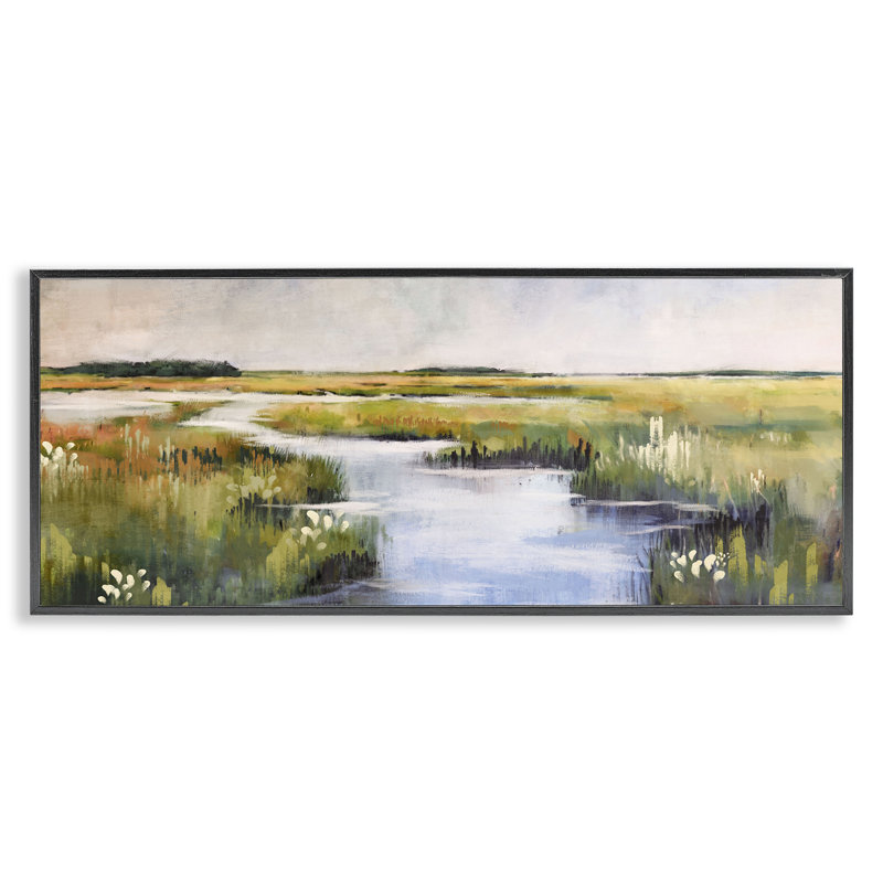 Rivière à travers les marais, estampe numérique par Nina Blue, Giclée encadrée noir minuit, H 10 po x l 24 po