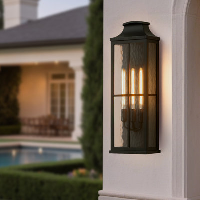Matte Black Outdoor Wall Sconce With Ripple Glass, Hardwired Weatherproof Exterior Light, Garage Lantern