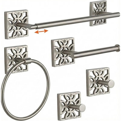  Ensemble 5 pièces d'accessoires de salle de bain en nickel, porte-papier hygiénique mural argenté, porte-serviettes de bain chromé, anneau de serviette en nickel brossé et ensemble d'accessoires de salle de bain argenté