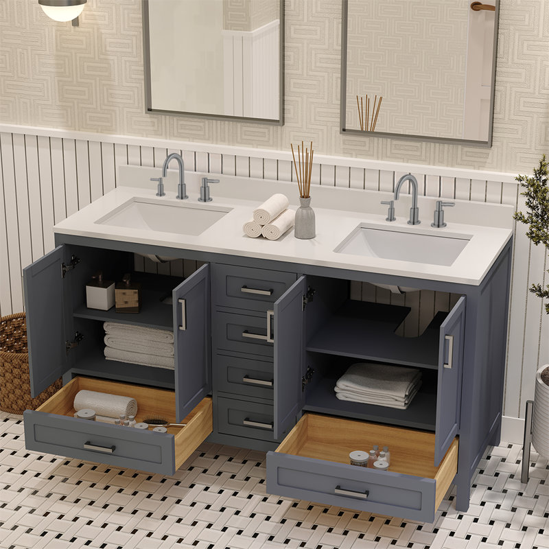 Rutherford Meuble-lavabo de salle de bain avec comptoir gris anthracite assemblé, Gris anthracite / nickel brossé, 60"