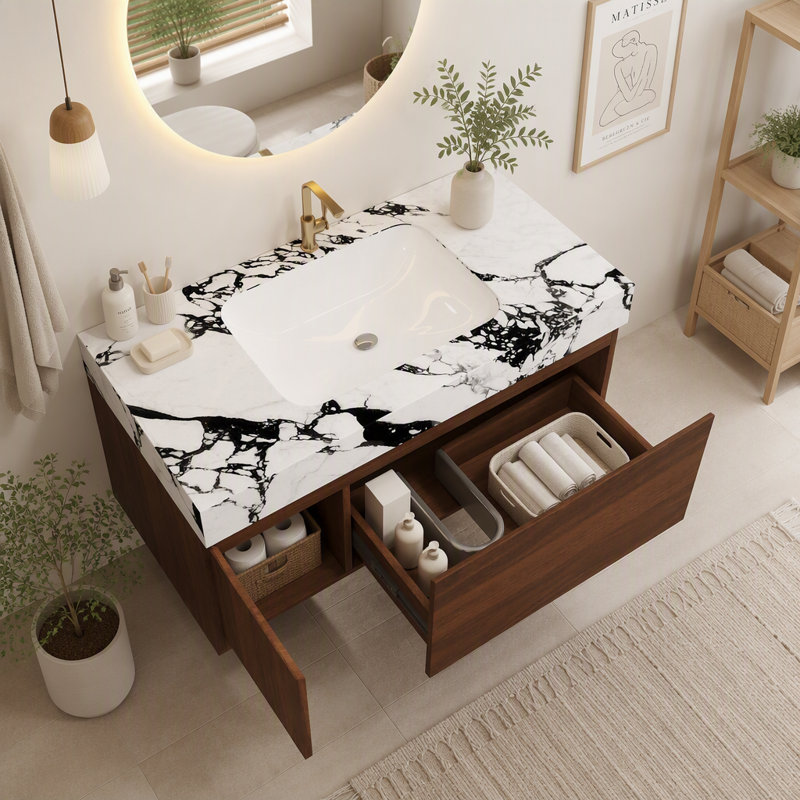 Meuble-lavabo flottant mural 36 po pour rangement dans la salle de bain, Blanc et noir